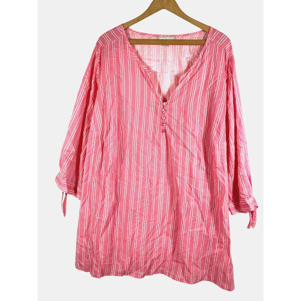 Woman Within Tunic Top 2X 26/28 Pink White French Ticking Stripe Preppy Coastal - Picture 2 of 11